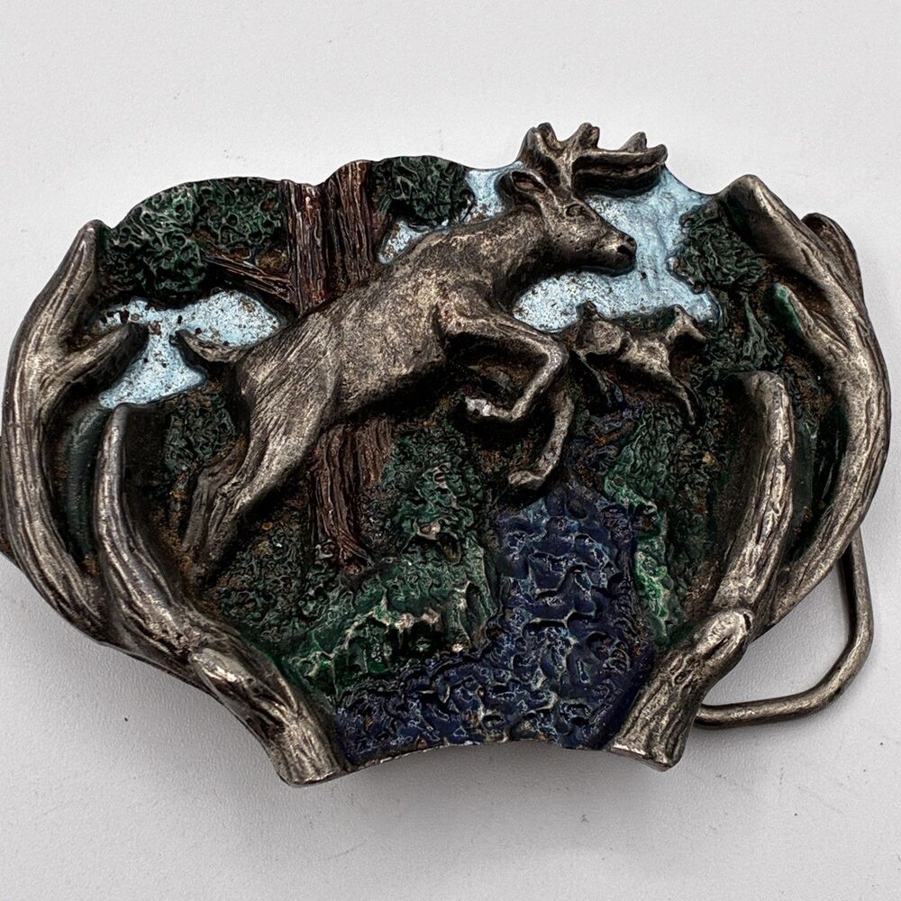 Vintage 1982 The Great American Buckle Deer Fawn Jumping Forest Belt Buckle USA
